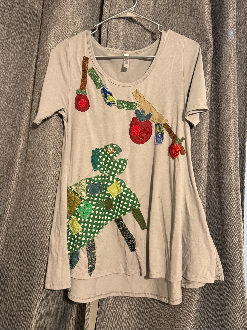 Upcycled LuLaRoe Tunic with Green Handmade Patchwork Turtle and Vines